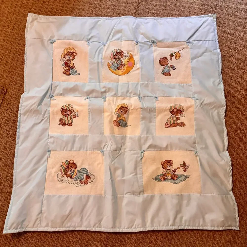 Vintage Baby Quilt Wall Hanging w/ 8 Cross Stitch Panels Bedtime Teddy Bears